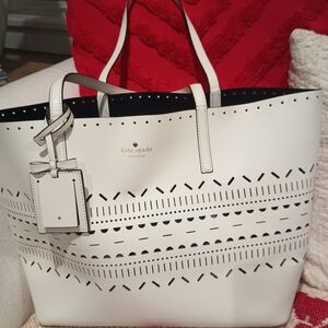 Kate Spade Large White Leather Tote Bag Coastal/Beach Classic Preppy Modern